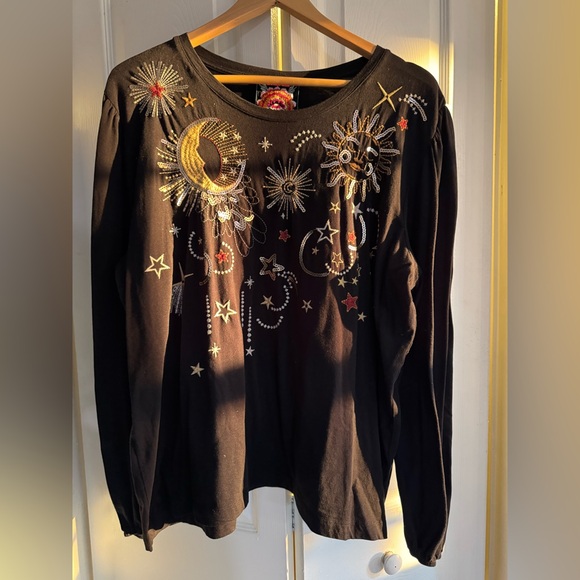 Johnny Was CALLISTO SEQUIN BISHOP SLEEVE TEE HTF XL Moon, Stars Embroidered - Picture 4 of 9